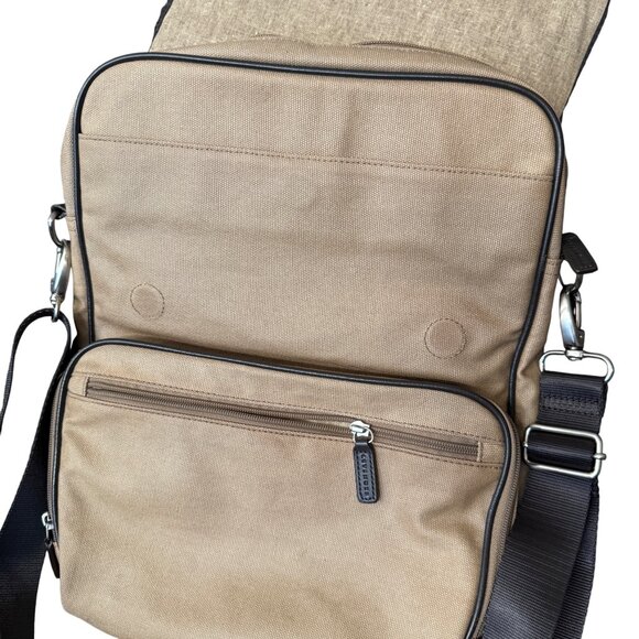 Levenger Tan Canvas Messenger Bag With Multiple Zipper Pockets & Black Strap - Picture 6 of 9